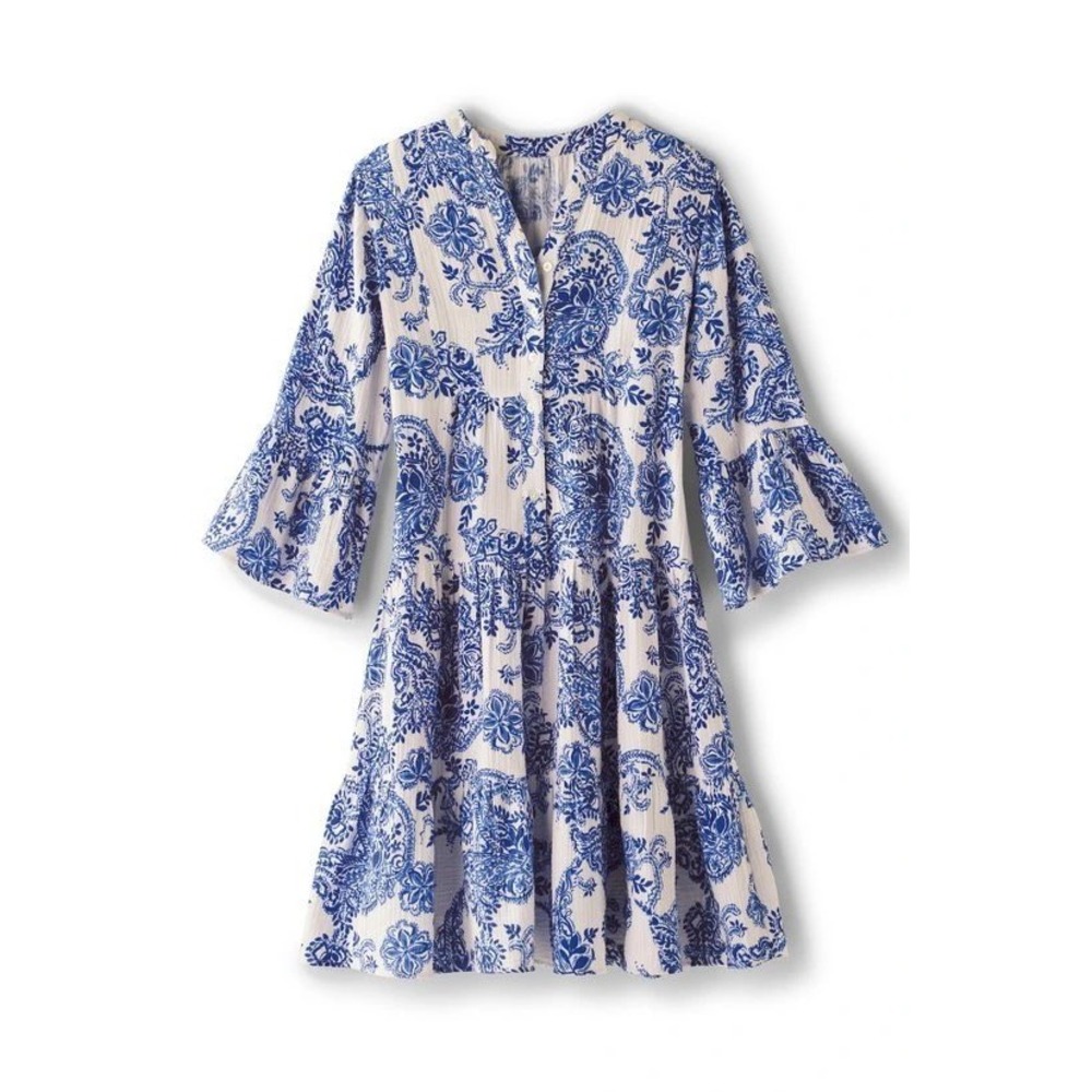 Soft Surroundings Karis Gauze Short Dress Sz M Blue White Paisley Cotton Boho